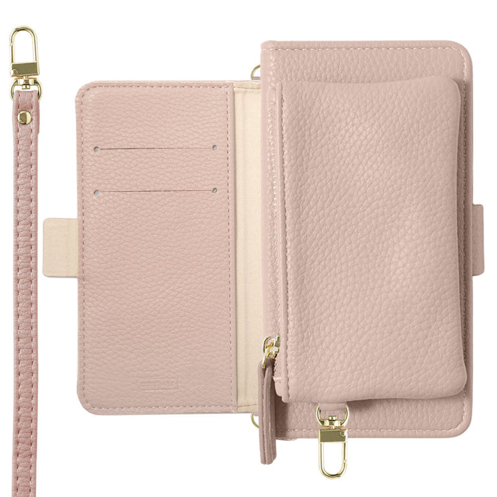 Vegan leather smoky color stand function pouch & shoulder strap included notebook-style case (with belt) AQUOS series