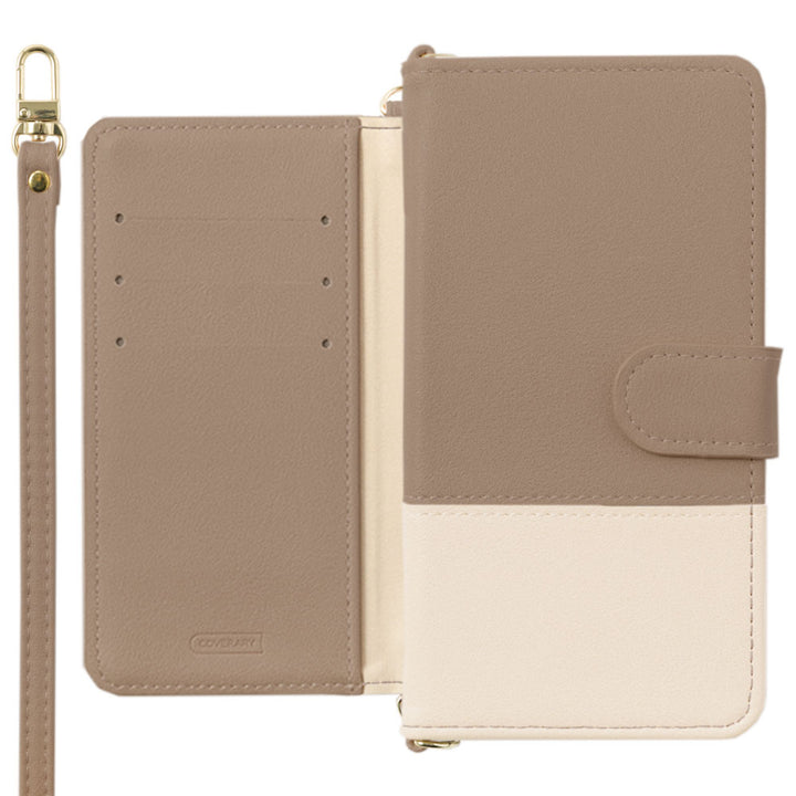 Étui portefeuille avec fonction support, bandoulière, en cuir végan bicolore avec surface terne (avec ceinture)