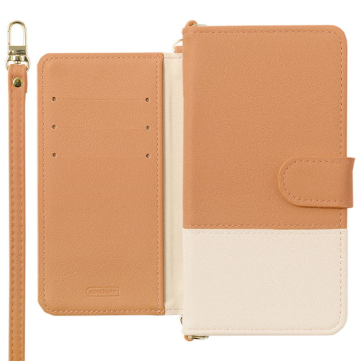 Vegan leather, front muted bicolor, stand function, with shoulder strap, notebook-style case (with belt) for Galaxy series