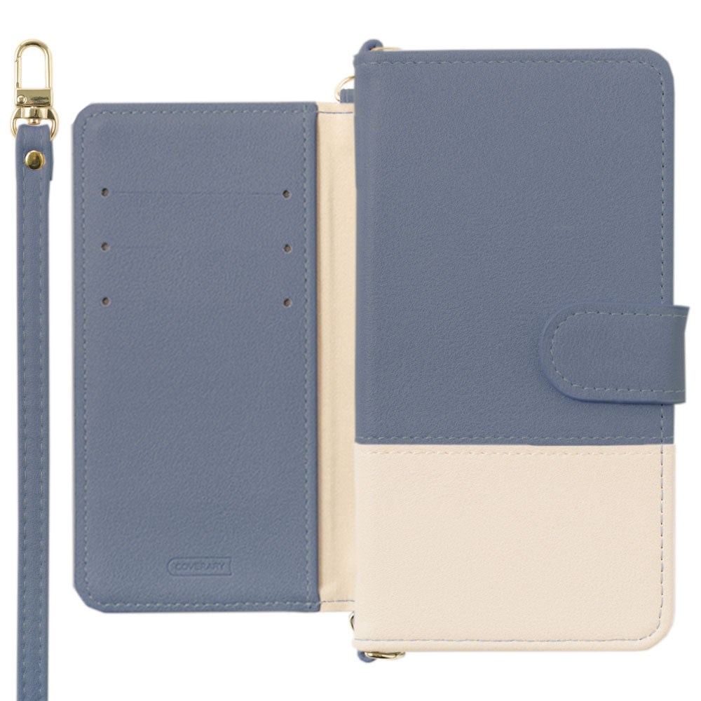 Vegan leather, front muted bicolor, stand function, with shoulder strap, notebook-style case (with belt) for Galaxy series