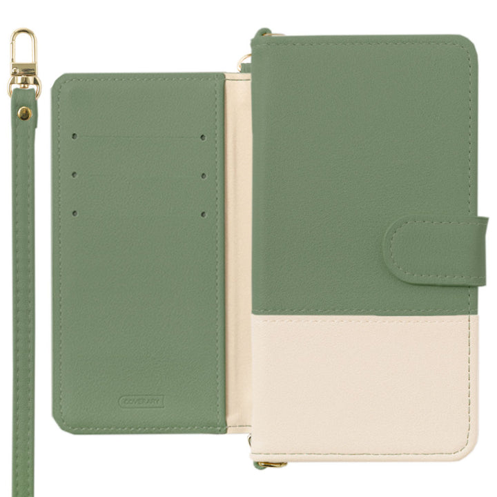 Étui portefeuille avec fonction support, bandoulière, en cuir végan bicolore avec surface terne (avec ceinture)