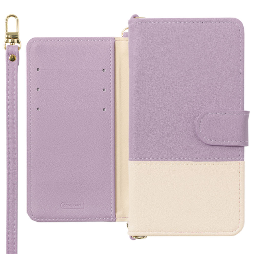 Vegan leather, front muted bicolor, stand function, with shoulder strap, notebook-style case (with belt) for Galaxy series