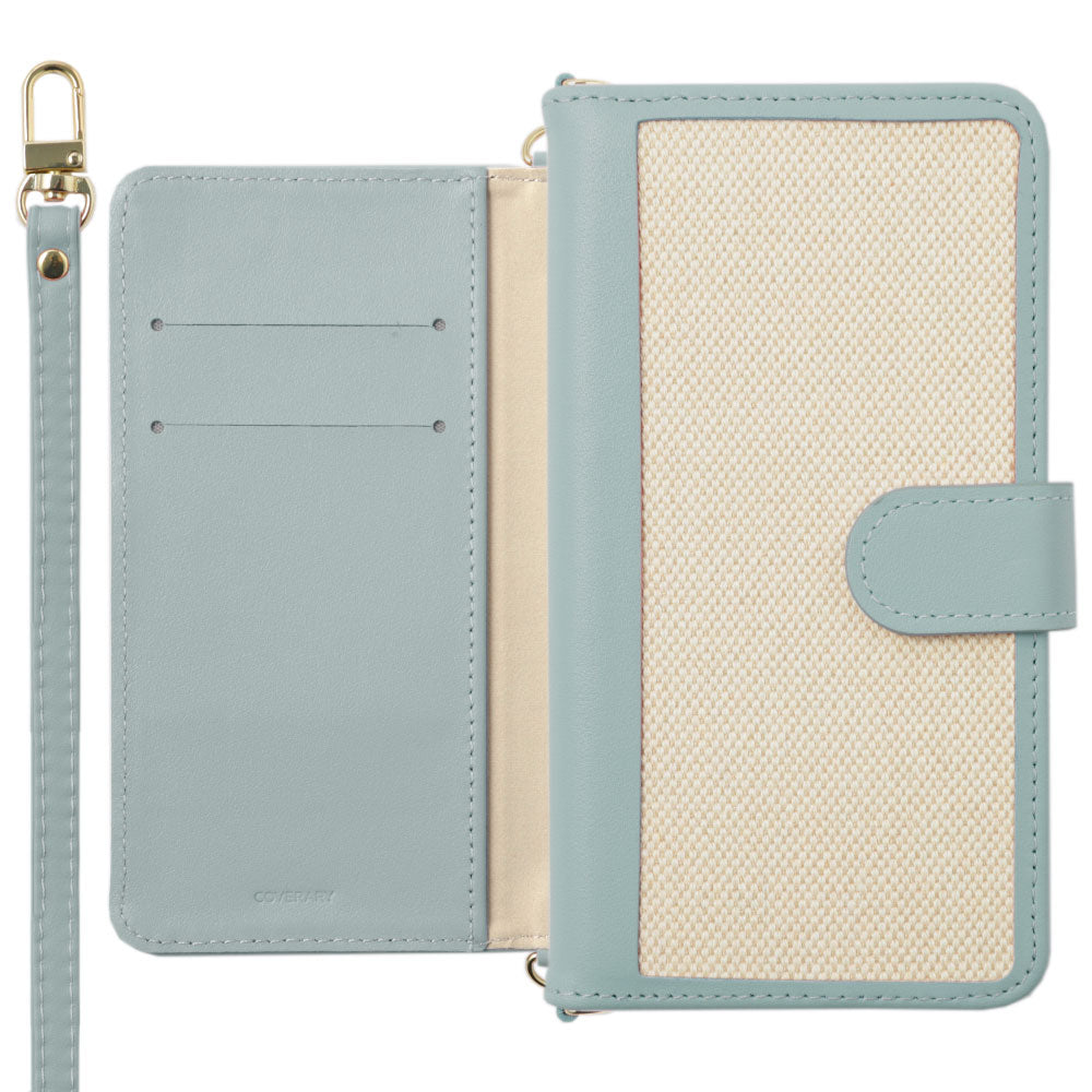 Étui portefeuille avec fonction support, bandoulière, mélange de cuir véritable et toile, avec ceinture, pour la série Google Pixel