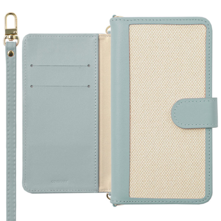 Genuine leather × canvas mixed material stand function shoulder strap included notebook-style case (with belt) for iPhone series