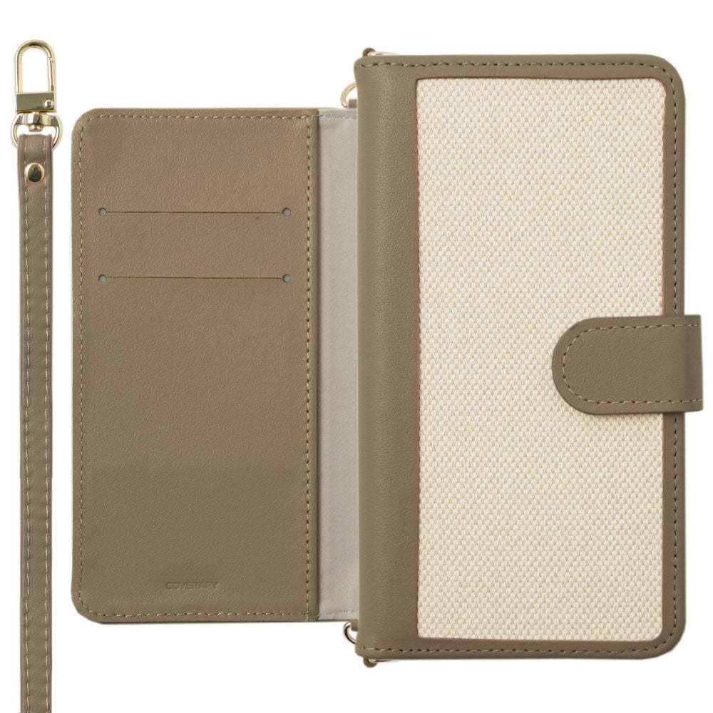 Genuine leather × canvas mixed material stand function shoulder strap included notebook-style case (with belt) AQUOS series
