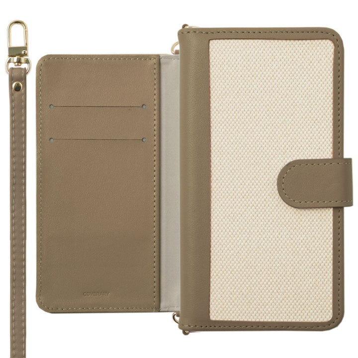 Genuine leather × canvas mixed material stand function shoulder strap included notebook-style case (with belt) for iPhone series