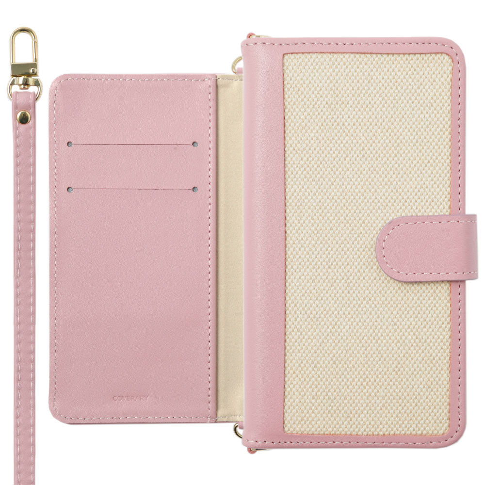 Étui portefeuille avec fonction support, bandoulière, mélange de cuir véritable et toile, avec ceinture, pour la série Xperia