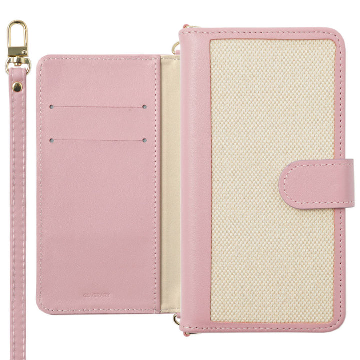 Étui portefeuille avec fonction support, bandoulière, mélange de cuir véritable et toile, avec ceinture, pour la série Xperia