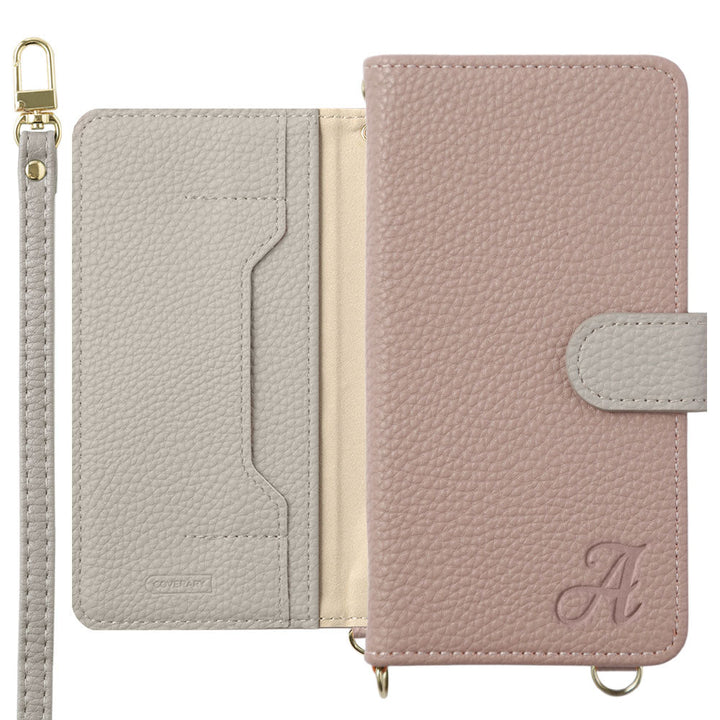 ヴィーガンレザー バイカラー イニシャル スタンド機能 ショルダーストラップ付き 手帳型ケース（ベルトあり）