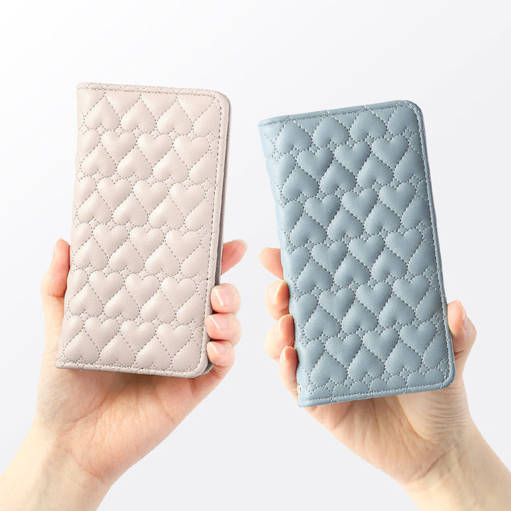 Vegan Leather Heart Quilted Mirror-Equipped Wallet Case for Xperia Series