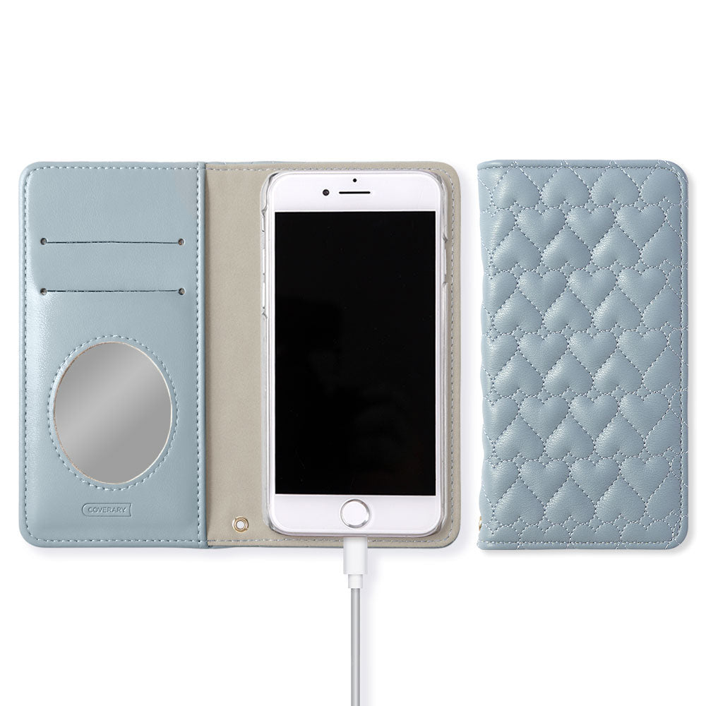 Vegan Leather Heart Quilted Mirror-Equipped Wallet Case for Xperia Series