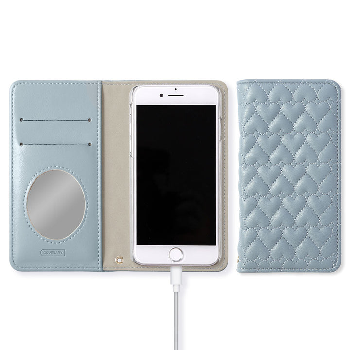 Vegan Leather Heart Quilted Mirror-Equipped Wallet Case for Xperia Series