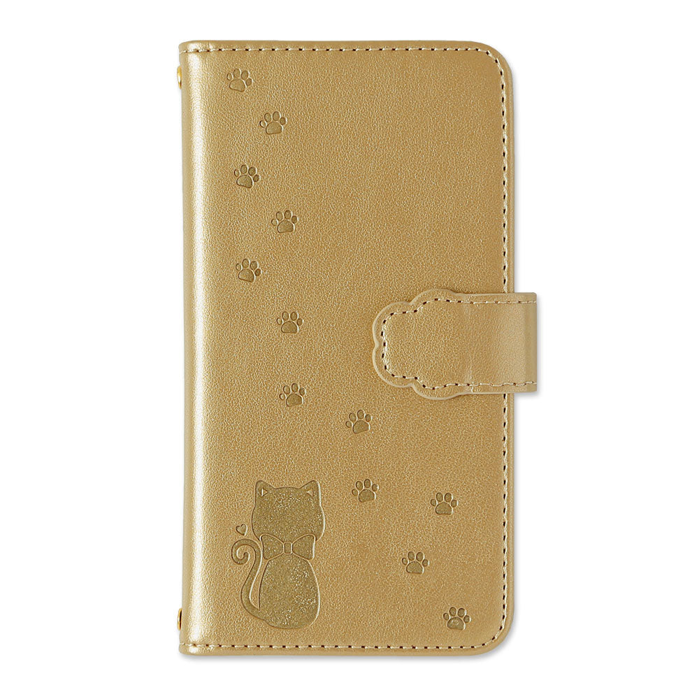 Étui portefeuille embossé en cuir végan motif chat (avec ceinture) pour la série Xperia