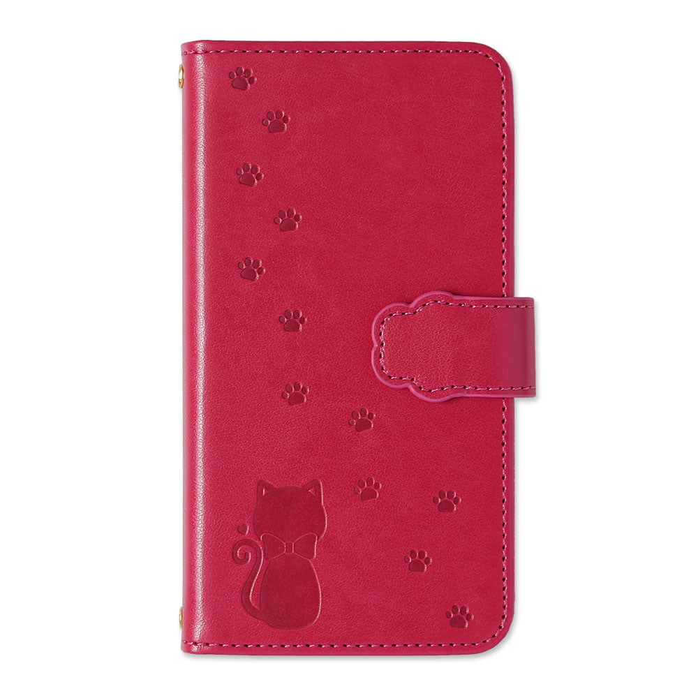 Étui portefeuille embossé en cuir végan motif chat (avec ceinture) pour la série Xperia