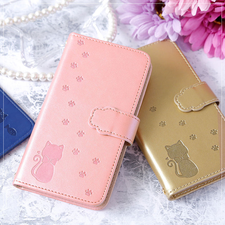 Vegan leather cat pattern embossed folio case (with belt) AQUOS series