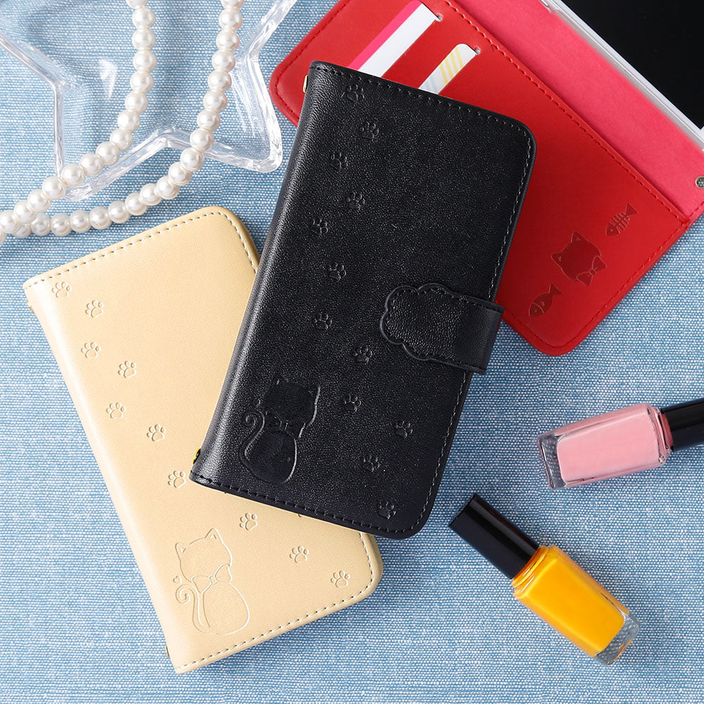 Vegan leather cat pattern embossed folio case (with belt) AQUOS series