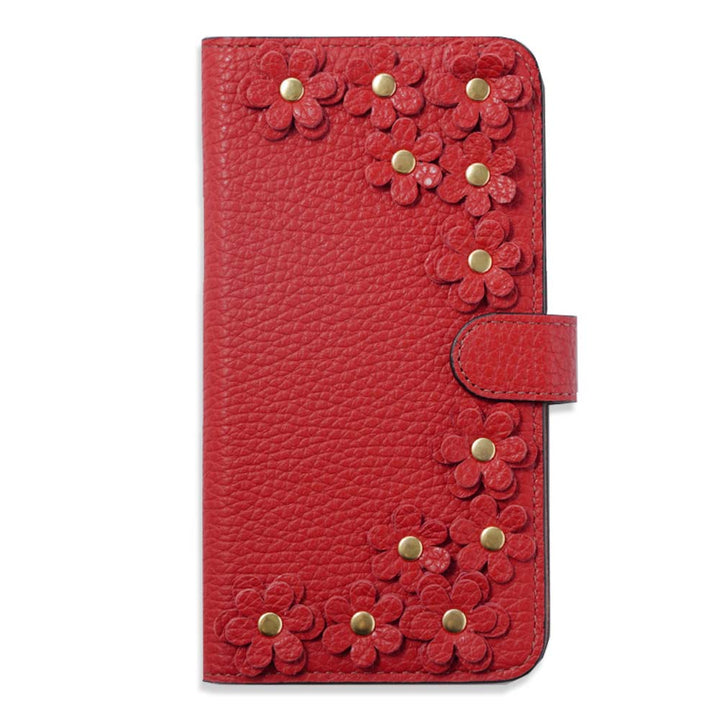 Genuine leather 32 colors Italian shrink leather flower motif notebook-style case (with belt)