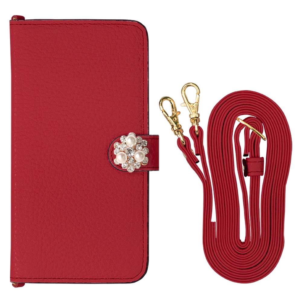 Genuine leather 32 colors Italian shrink leather with shoulder strap Crystal pearl decoration notebook-style case (with belt) AQUOS series