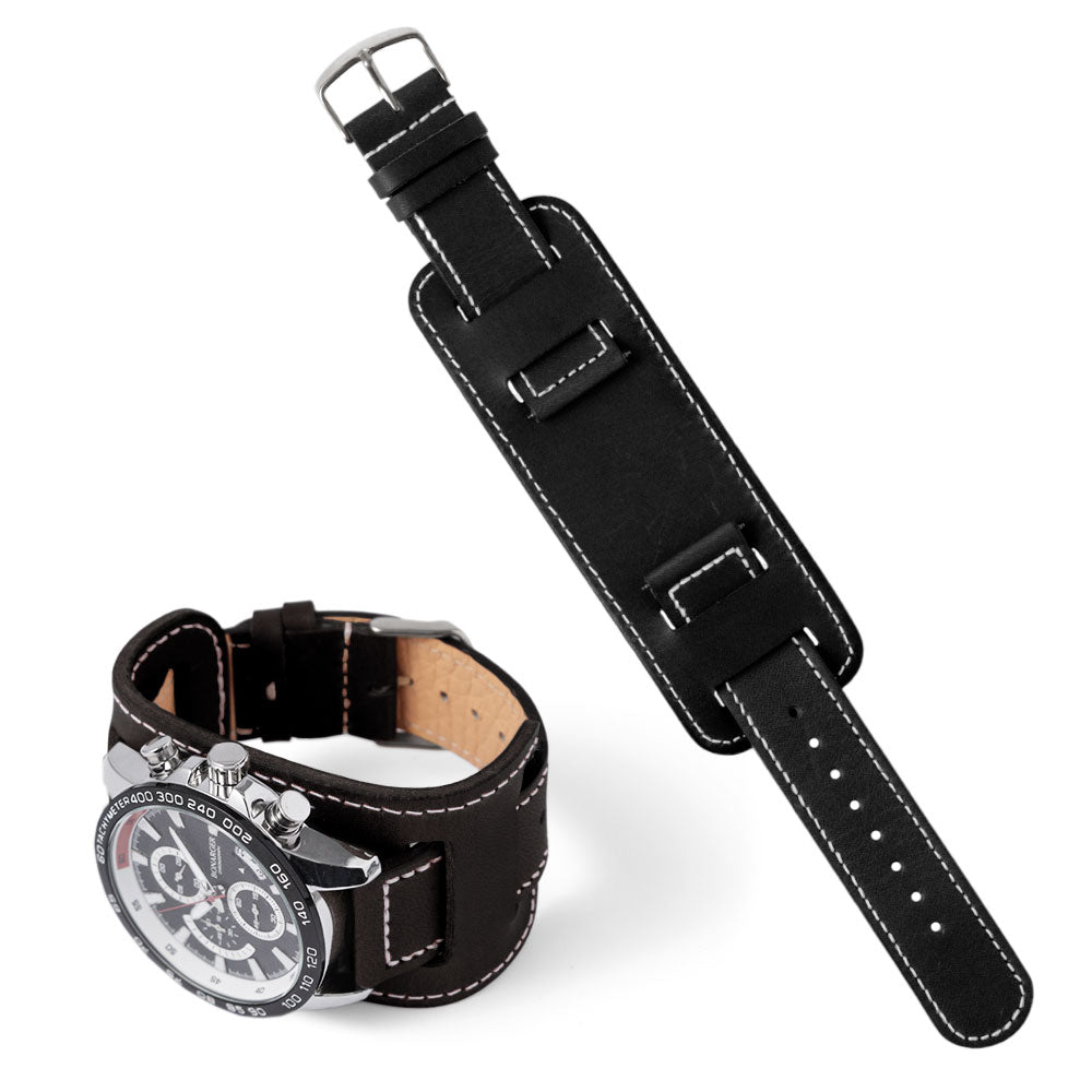 本革 栃木レザー スクエア型カフ付き スマートウォッチ 腕時計ベルト(白ステッチ)