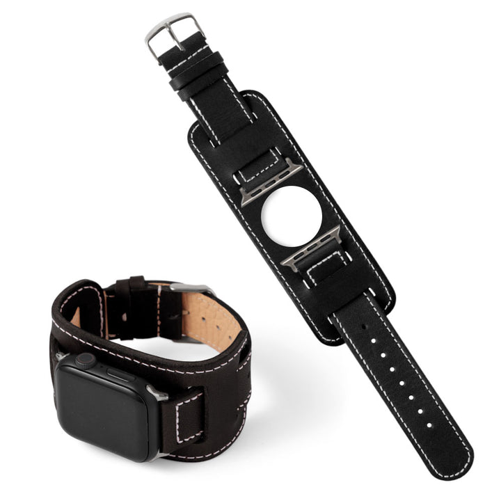本革 栃木レザー スクエア型カフ付き アップルウォッチ バンド（白ステッチ）