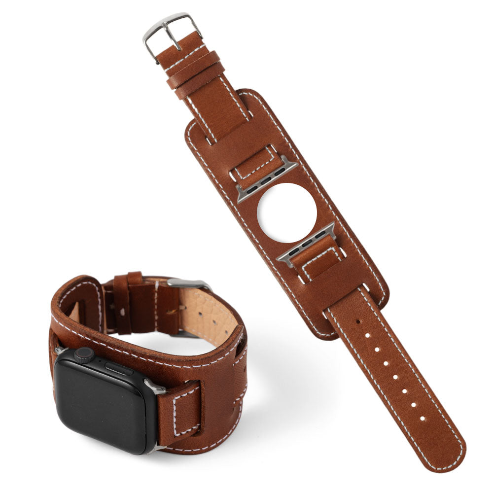 本革 栃木レザー スクエア型カフ付き アップルウォッチ バンド（白ステッチ）