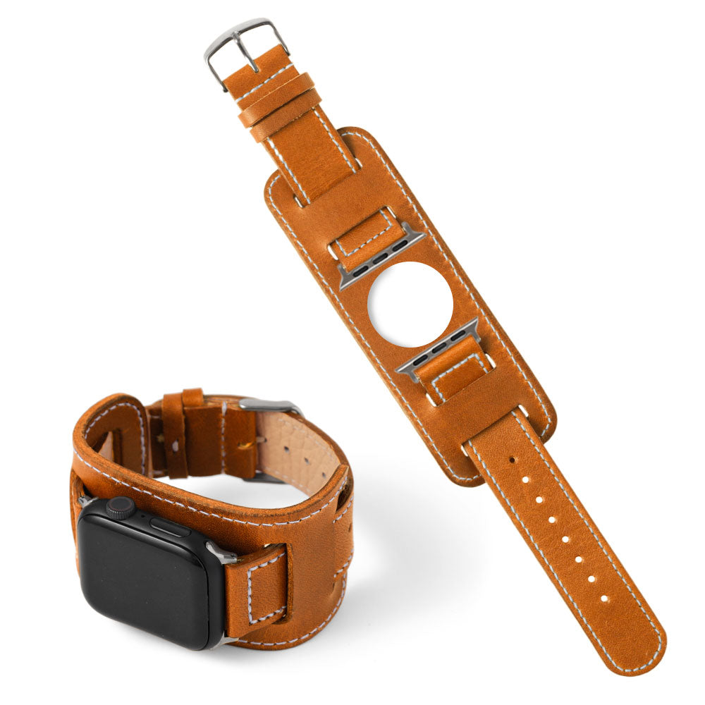 本革 栃木レザー スクエア型カフ付き アップルウォッチ バンド（白ステッチ）