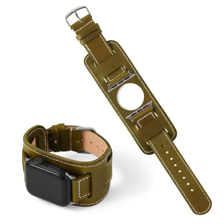 本革 栃木レザー スクエア型カフ付き アップルウォッチ バンド（白ステッチ）