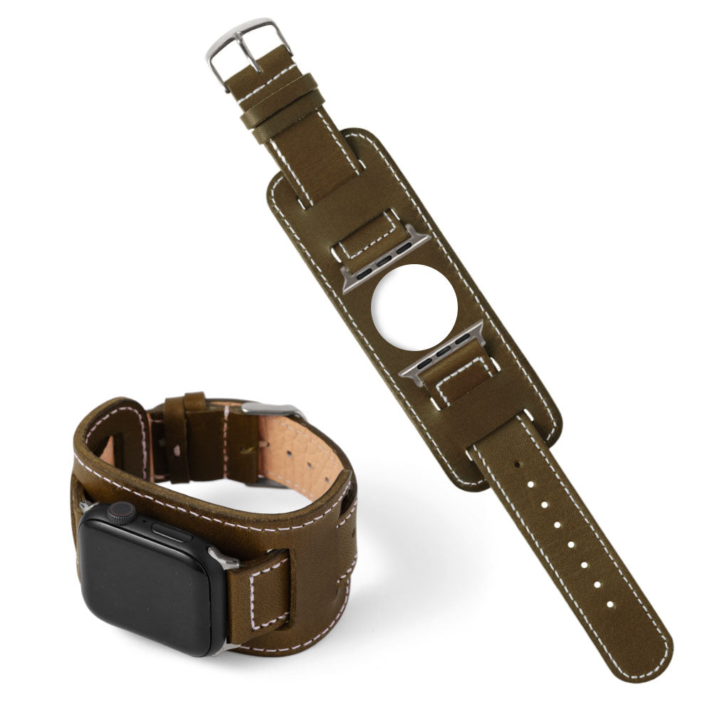 本革 栃木レザー スクエア型カフ付き アップルウォッチ バンド（白ステッチ）