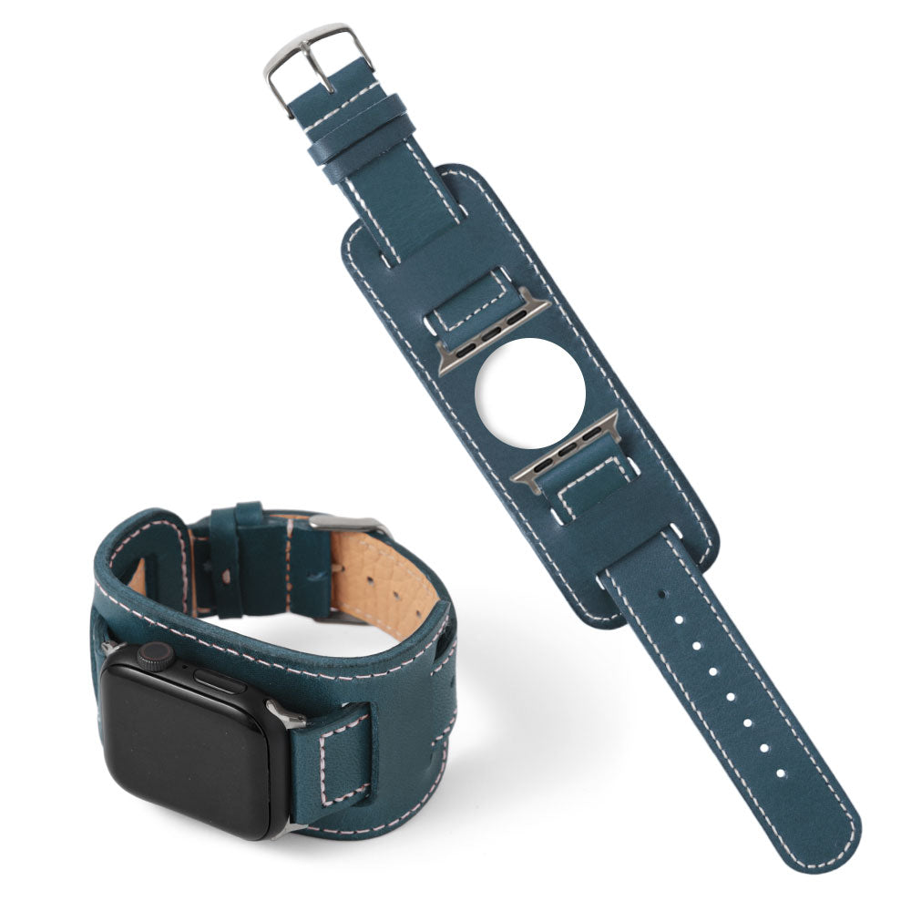 本革 栃木レザー スクエア型カフ付き アップルウォッチ バンド（白ステッチ）