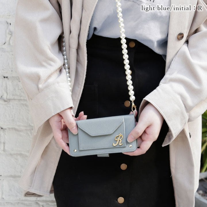 ヴィーガンレザー ベーシックカラー パールショルダー&ストラップ付き イニシャルデコ 手帳型ケース（ベルトあり） Galaxyシリーズ