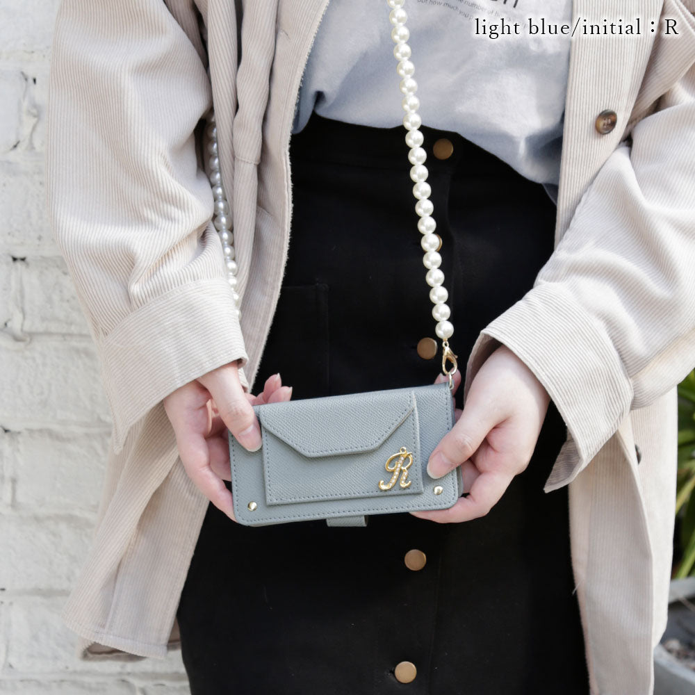 ヴィーガンレザー ベーシックカラー パールショルダー&ストラップ付き イニシャルデコ 手帳型ケース（ベルトあり） Xperiaシリーズ