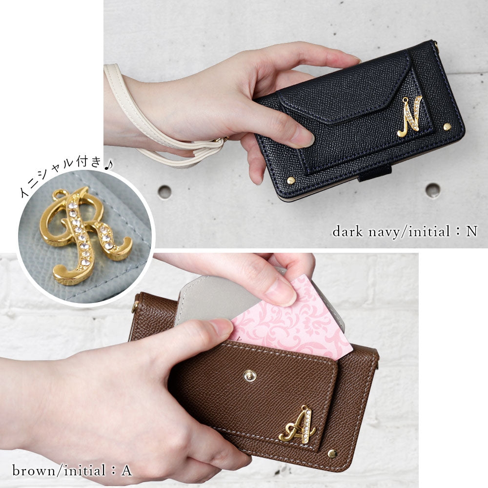 ヴィーガンレザー ベーシックカラー パールショルダー&ストラップ付き イニシャルデコ 手帳型ケース（ベルトあり） Galaxyシリーズ