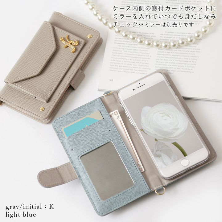 ヴィーガンレザー ベーシックカラー パールショルダー&ストラップ付き イニシャルデコ 手帳型ケース（ベルトあり） Xperiaシリーズ