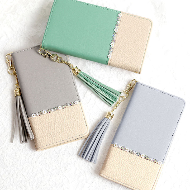 ヴィーガンレザー タッセル付き フラワーライン 手帳型ケース iPhoneシリーズ