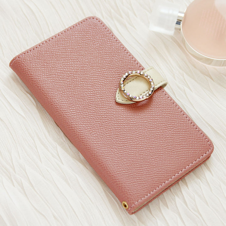 Étui portefeuille à fonction support avec ceinture, en cuir végan bicolore et pierre ronde (avec ceinture)