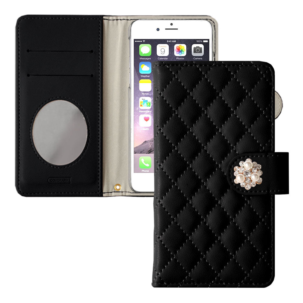 Quilted Crystal Pearl Deco Wallet Case with Mirror (with Belt)