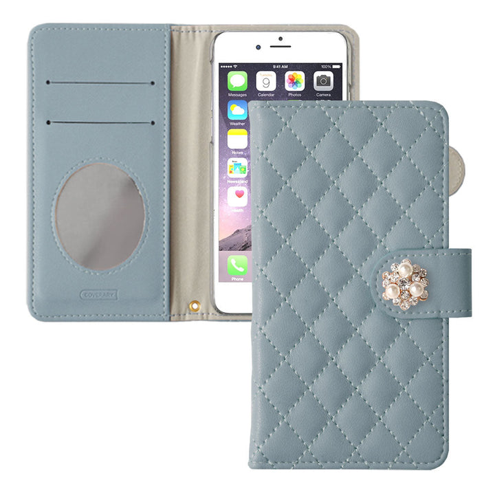 Quilted Crystal Pearl Deco Wallet Case with Mirror (with Belt)