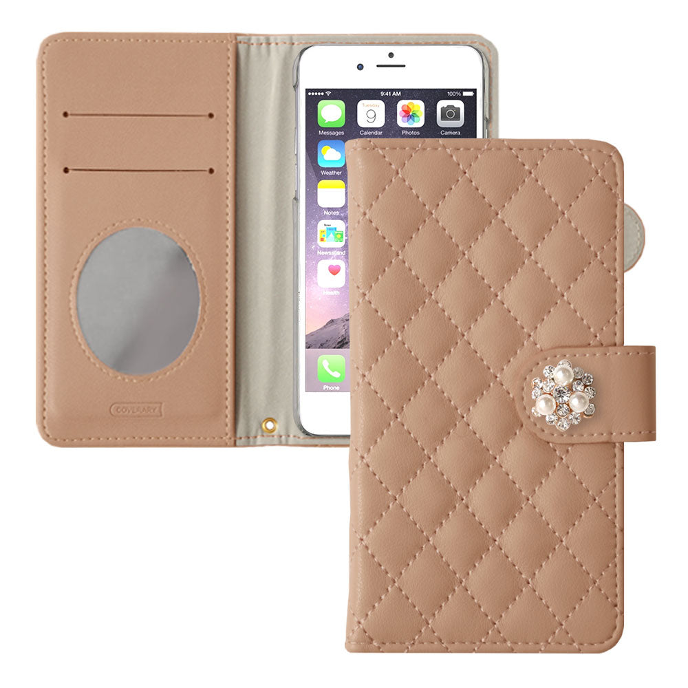 Quilted Crystal Pearl Deco Wallet Case with Mirror (with Belt)