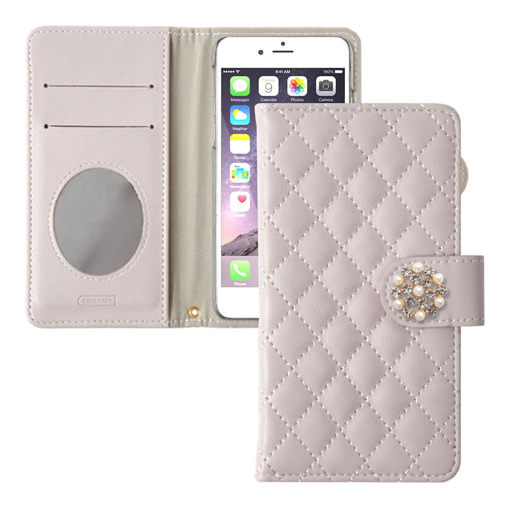 Quilted Crystal Pearl Deco Wallet Case with Mirror (with Belt)