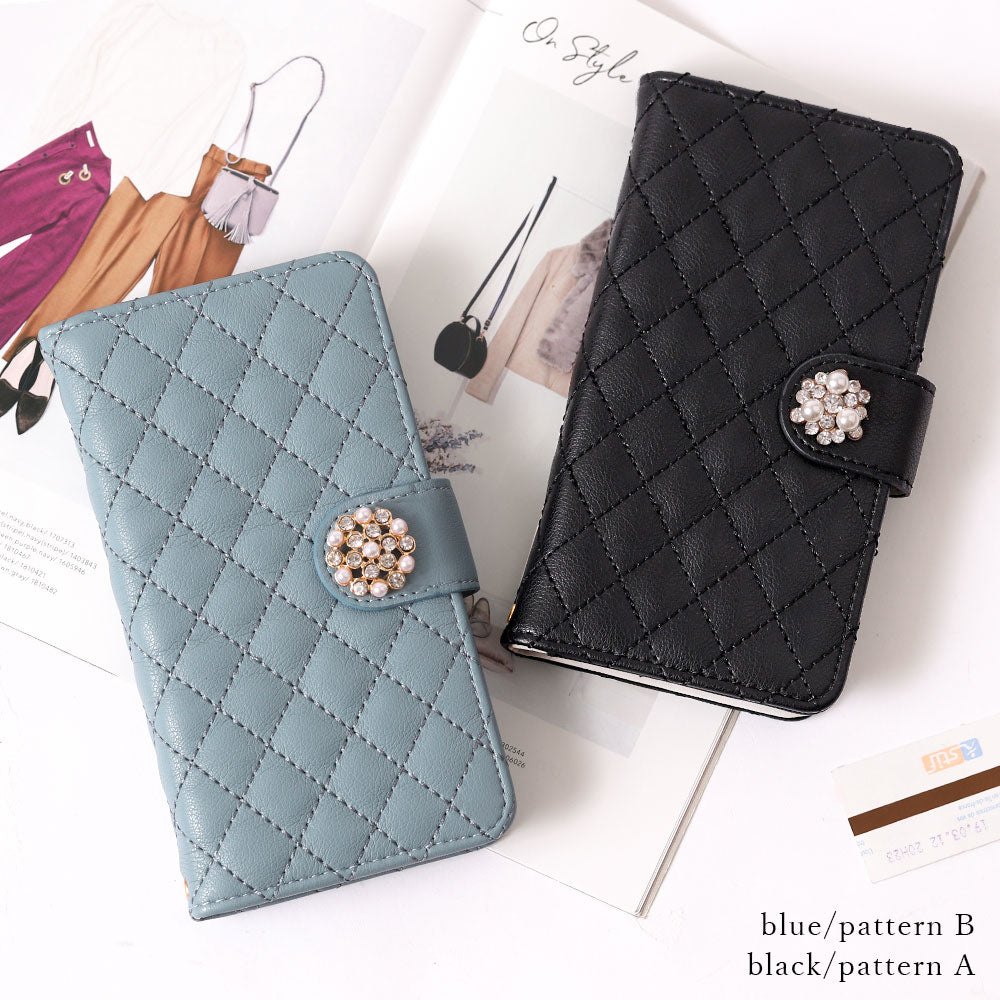 Quilted Crystal Pearl Deco Wallet Case with Mirror (with Belt)