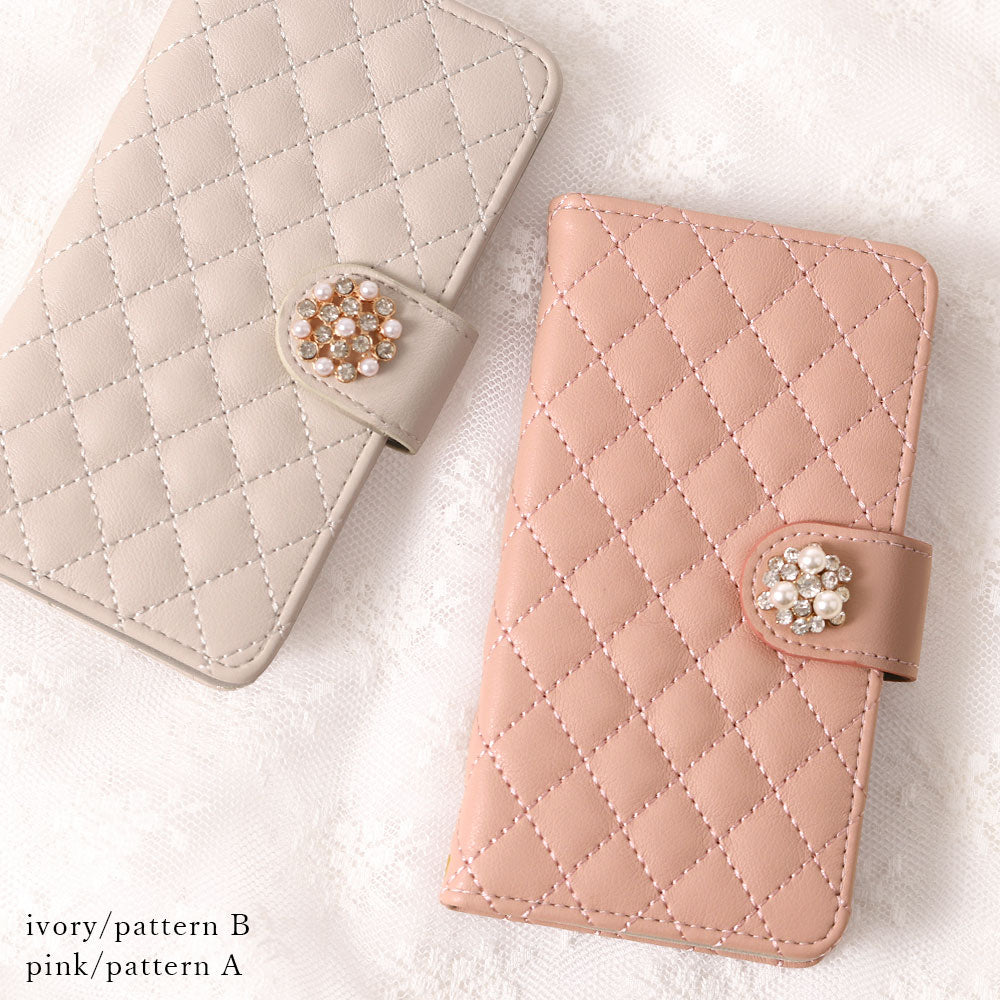 Quilted Crystal Pearl Deco Wallet Case with Mirror (with Belt)