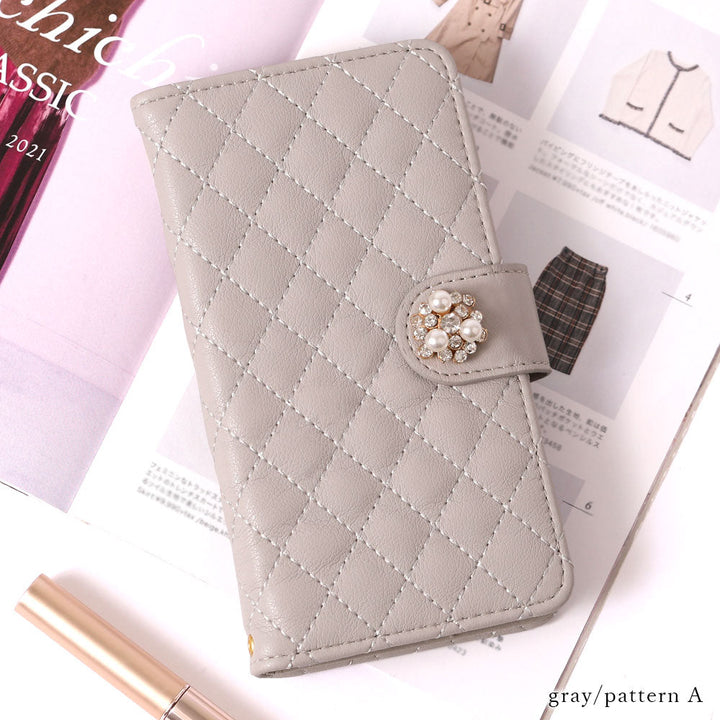Quilted Crystal Pearl Deco Wallet Case with Mirror (with Belt)