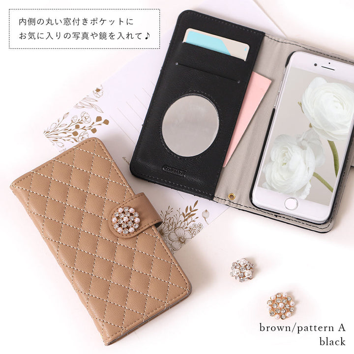 Quilted Crystal Pearl Deco Wallet Case with Mirror (with Belt)