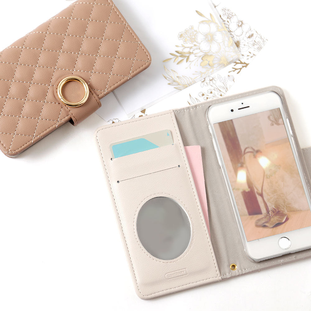 キルティング ミラー付き ゴールドリング 手帳型ケース（ベルトあり） Galaxyシリーズ