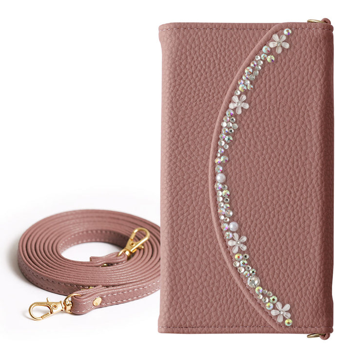 ヴィーガンレザー 三つ折り スモーキー色 フラワーライン ストラップ付 手帳型ケース