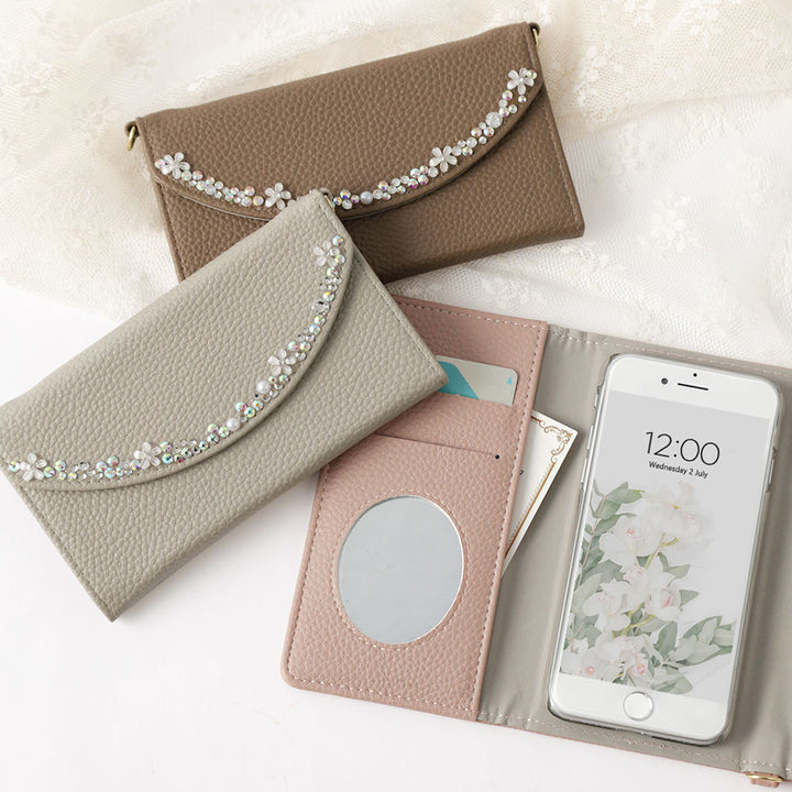 ヴィーガンレザー 三つ折り スモーキー色 フラワーライン ストラップ付 手帳型ケース