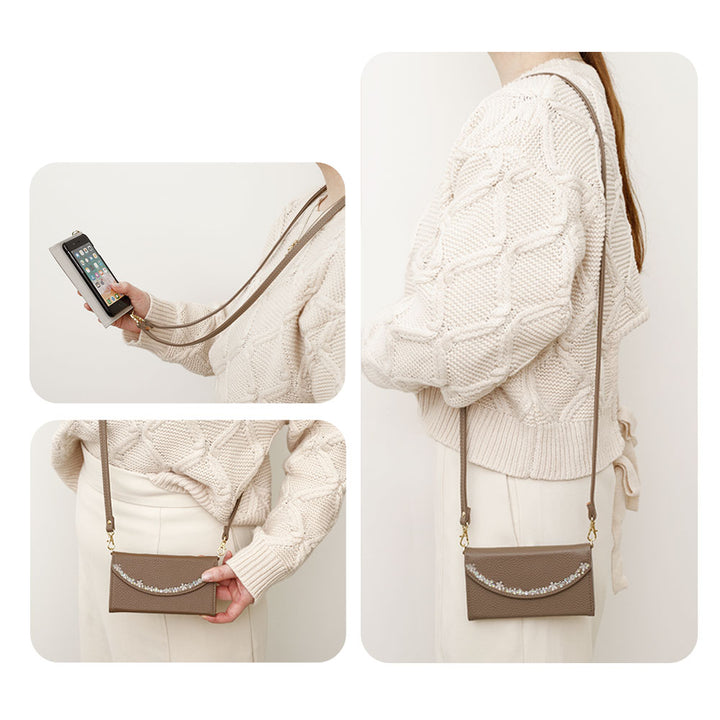 ヴィーガンレザー 三つ折り スモーキー色 フラワーライン ストラップ付 手帳型ケース