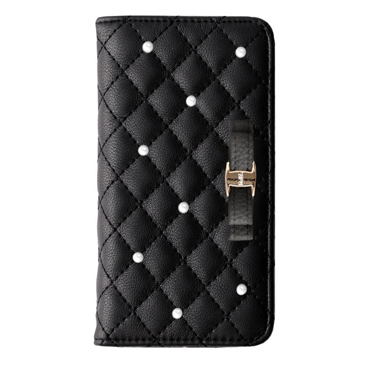 キルティング ミラー付き リボン パール 手帳型ケース Galaxyシリーズ