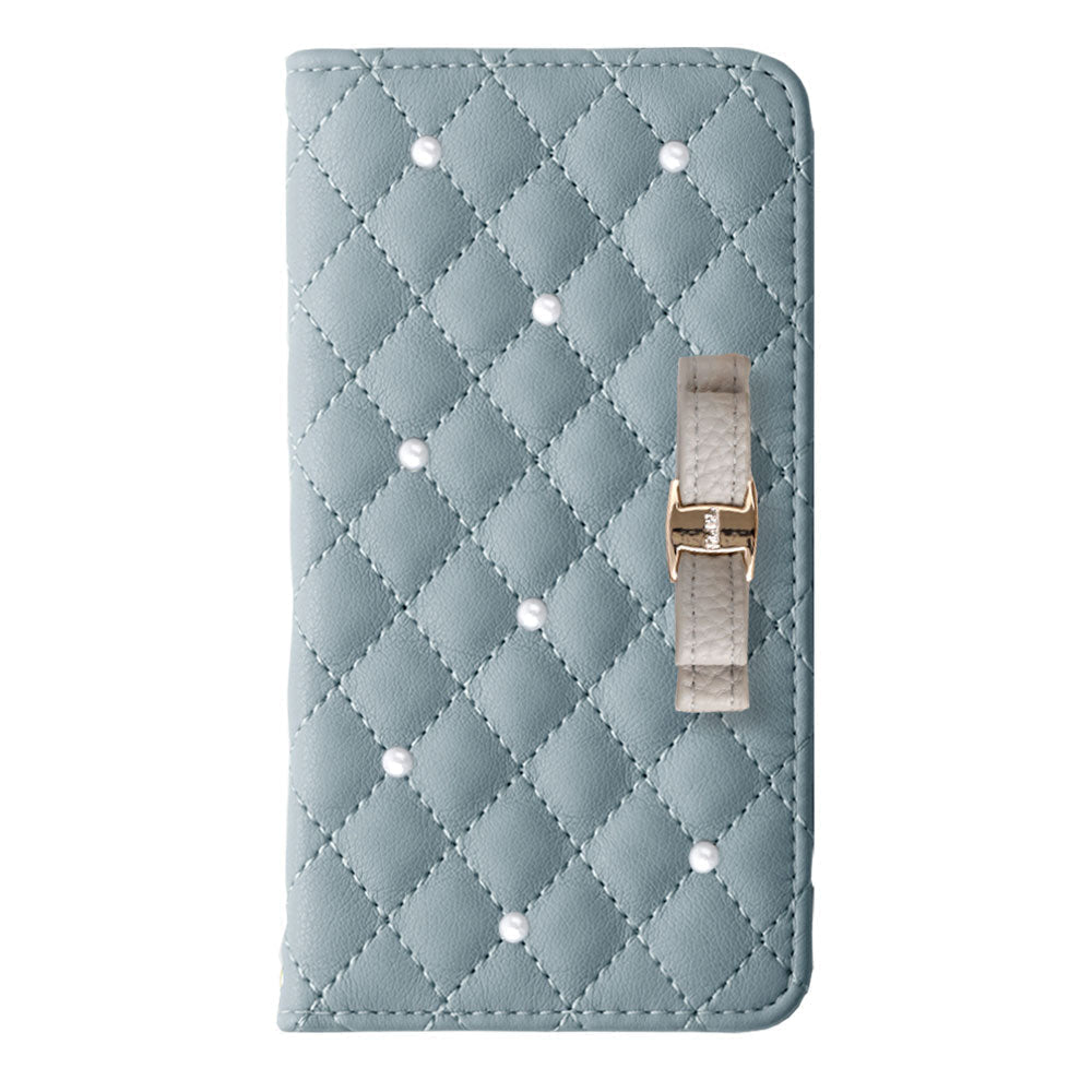 キルティング ミラー付き リボン パール 手帳型ケース Xperiaシリーズ