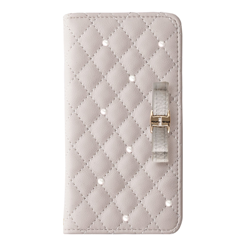 キルティング ミラー付き リボン パール 手帳型ケース AQUOSシリーズ